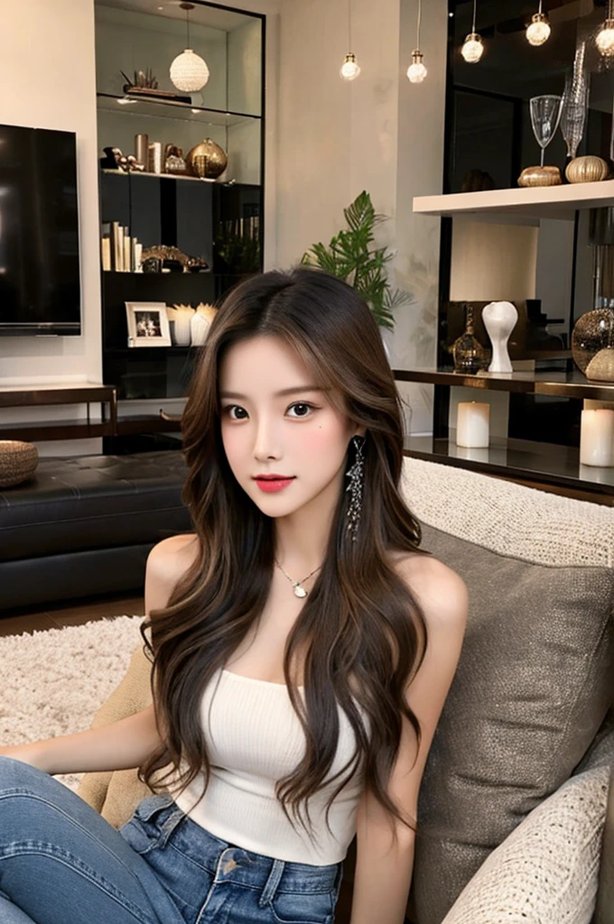 Generate an image of a stunning 20-year-old Asian woman with beauty akin to a goddess of the fire element. She has big brown eyes, dark brown hair, glowing skin, and an attractive appearance. She is wearing a beautiful top paired with blue skinny jeans. The woman is sitting sweetly on a living room sofa, her posture relaxed and inviting, surrounded by cozy and elegant decor.