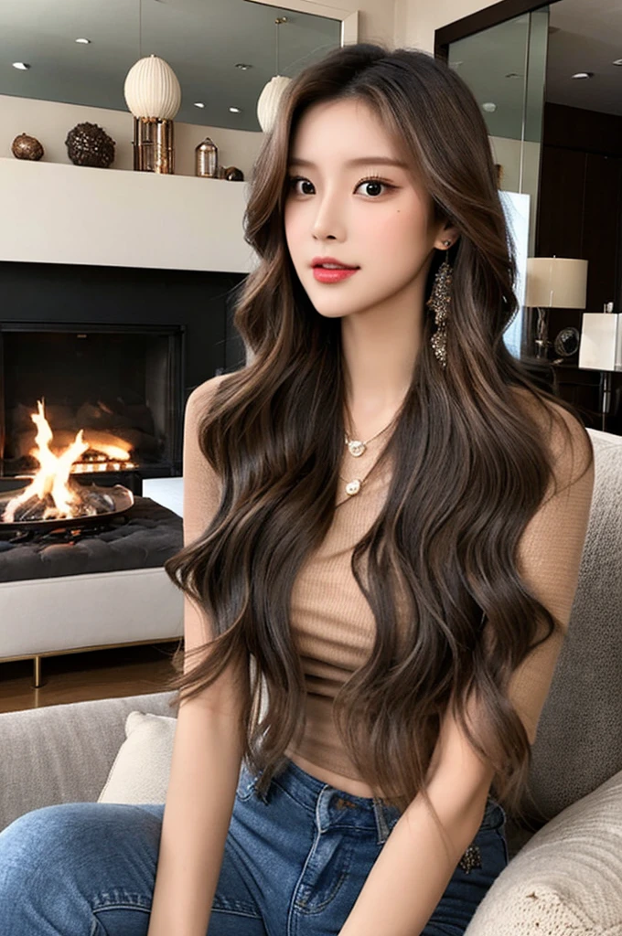 Generate an image of a stunning 20-year-old Asian woman with beauty akin to a goddess of the fire element. She has big brown eyes, dark brown hair, glowing skin, and an attractive appearance. She is wearing a beautiful top paired with blue skinny jeans. The woman is sitting sweetly on a living room sofa, her posture relaxed and inviting, surrounded by cozy and elegant decor.