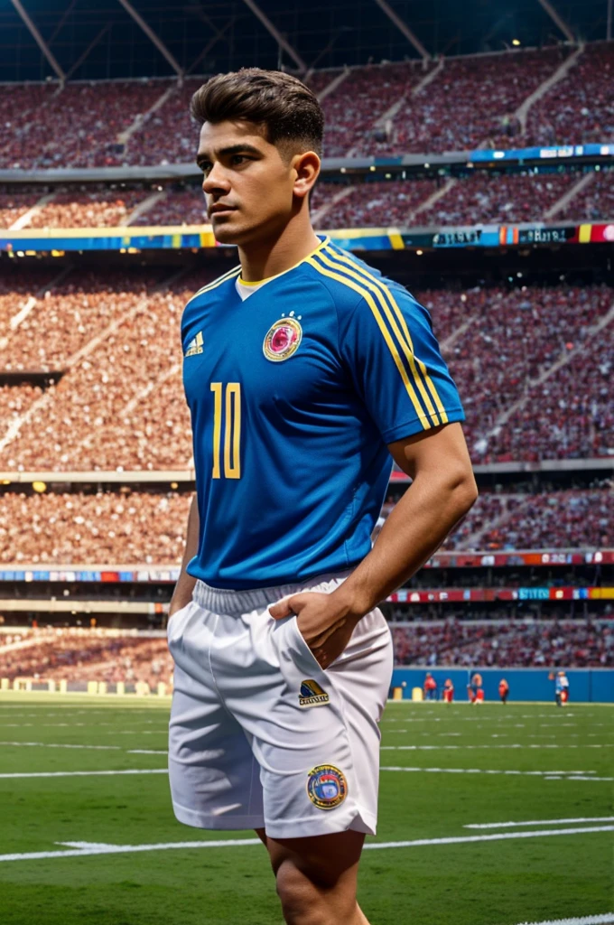 man type Disney pixar t-shirt from Colombia, on the shirt the name OSCAR and the number 10 on the back, in a football stadium in the background watching the game