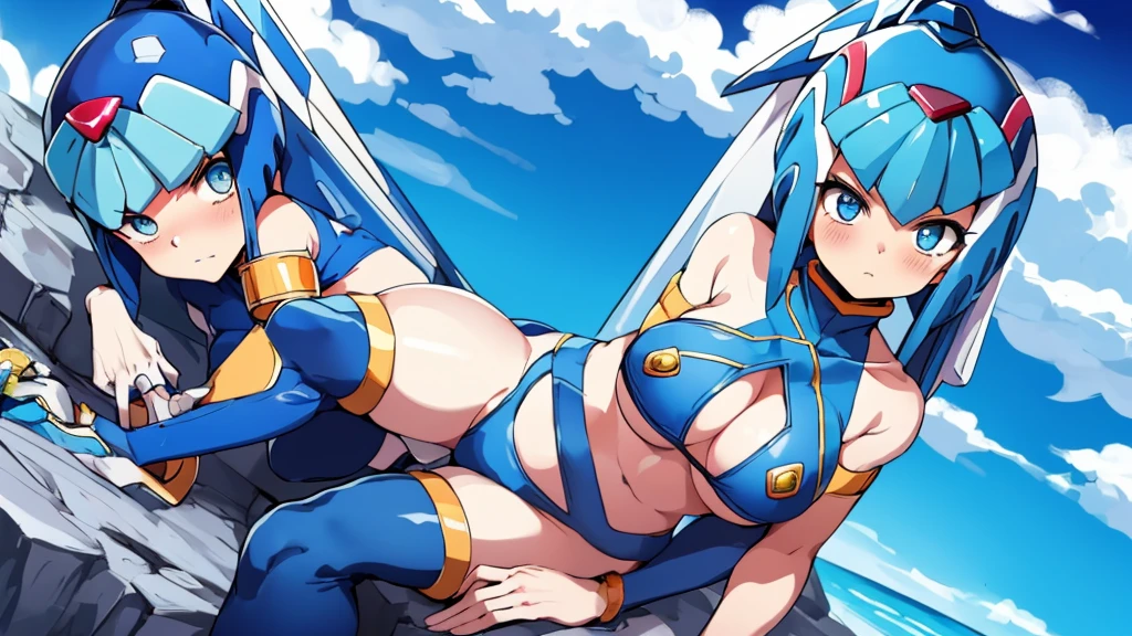 Leviathan_Megamanz, 1 Girl ,Looking at the viewer , blue hair, Blue eyes,Clouds background , Blushed , , Wedding ring, Glasses, Sitting on top of a rock , Blue Micro bikini 