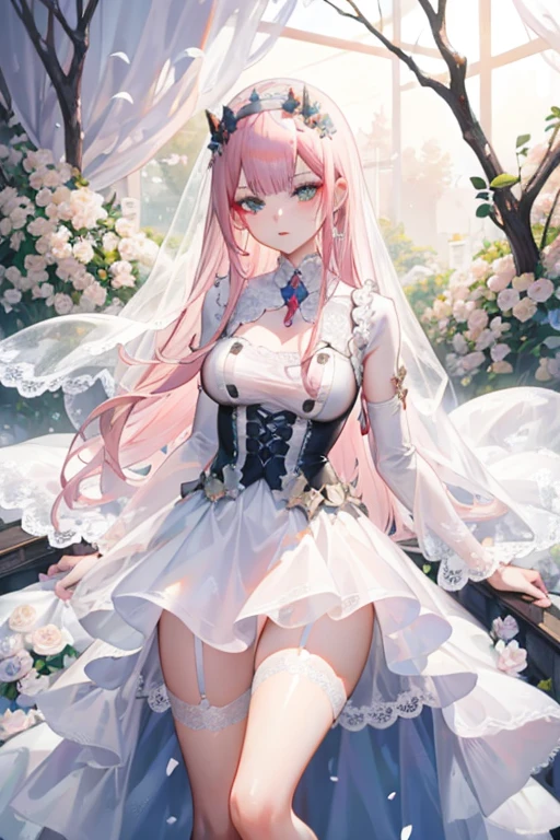 Wedding dress,veil,flowers meadows,Exquisite,masterpiece,masterpiece,Pink Hair,White lace garter stockings,front,Microphone in hand,Exquisite手指