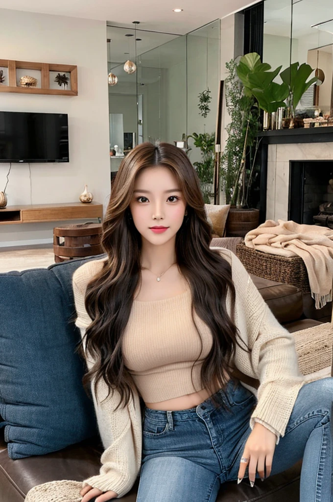 Generate an image of a stunning 20-year-old Asian woman with beauty akin to a goddess of the fire element. She has big brown eyes, dark brown hair, glowing skin, and an attractive appearance. She is wearing a beautiful top paired with blue skinny jeans. The woman is sitting sweetly on a living room sofa, her posture relaxed and inviting, surrounded by cozy and elegant decor.