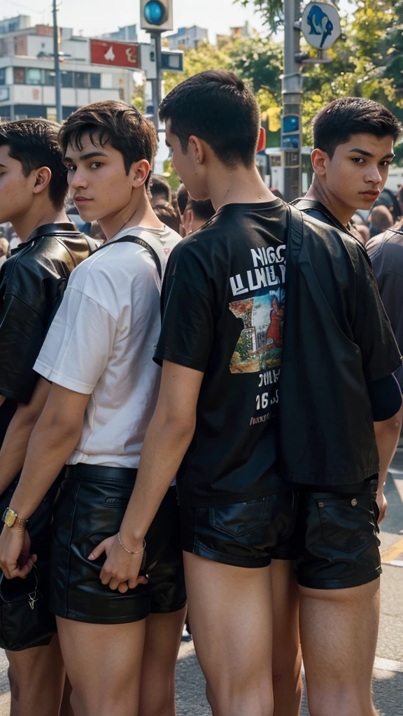 masterpiece.  close-up: a group of 16-year-old student boys dressed in t-shirts and leather , with shaved legs, are queuing to board a bus at an urban stop.  background a street of a city, with its traffic, its signs, traffic lights,... Maximum details.  evening light  photographic quality