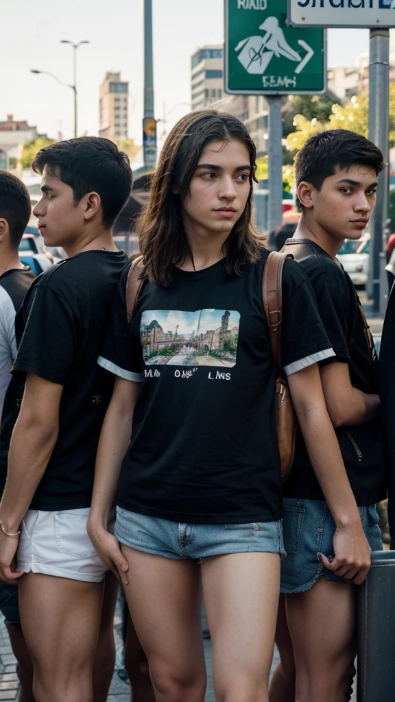 masterpiece. close-up: a group of -yeld stdressed in t-shirts and leather , with shaved legs, are queuing to board a bus at an urban stop. background a street of a city, with its traffic, its signs, traffic lights,... Maximum details. evening light photographic quality