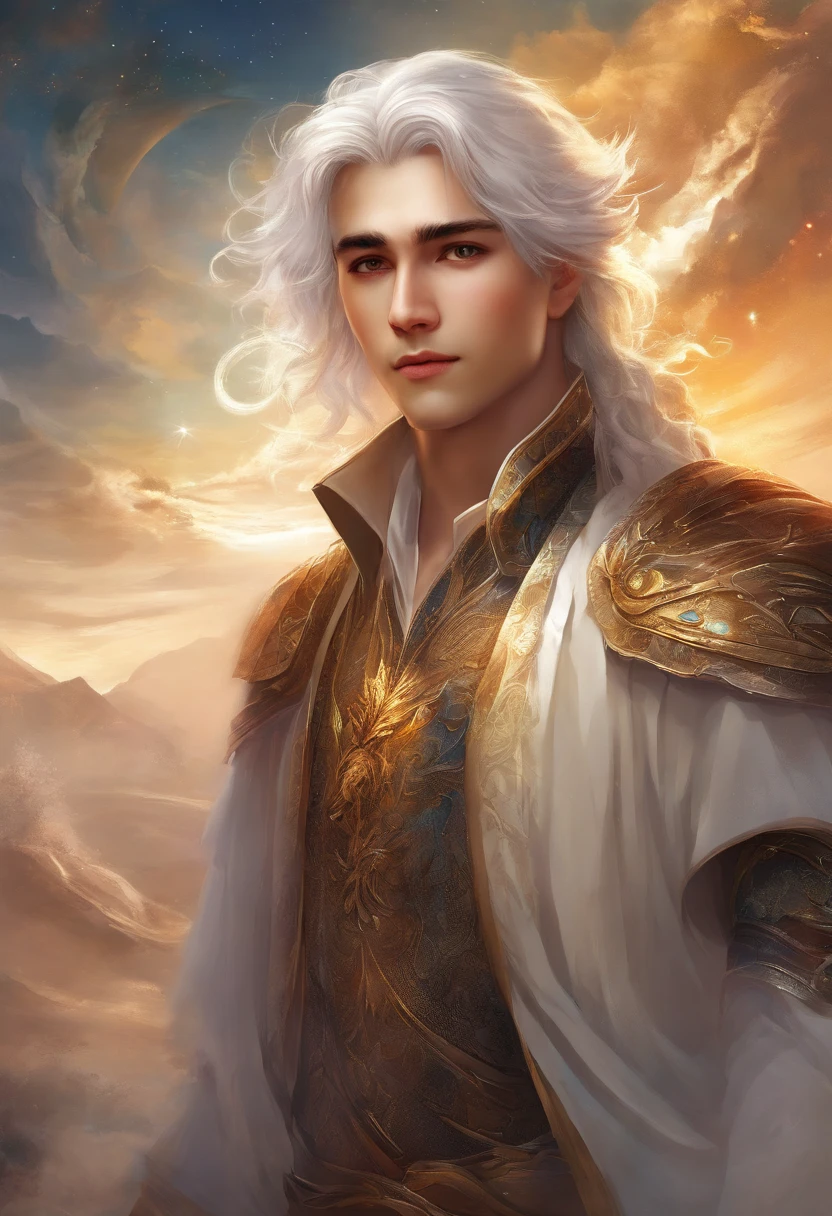 masterpiece, best quality, extremely detailed, intricate detail, highres, official art, finely detailed handsome face and eyes, high resolution illustration, 8k, depth of field, bokeh, solo, 1boy, a boy with long white hair and black eyes, white hair, black eyes, beautiful landscape,  upper body, looking at viewer, close up male 