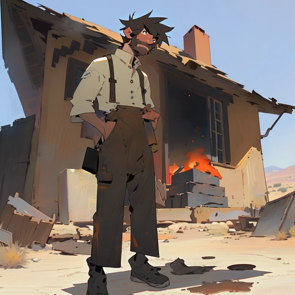 1man, Western, black Messy hair, burnt hair, Leather apron, White button-down shirt, black pants patched, Failed beard, young adult, Thin, full body, Holding a Dynamite, outside a house in the desert, Dirty with soot, crazy, Embers, fire, skin burns, ashes