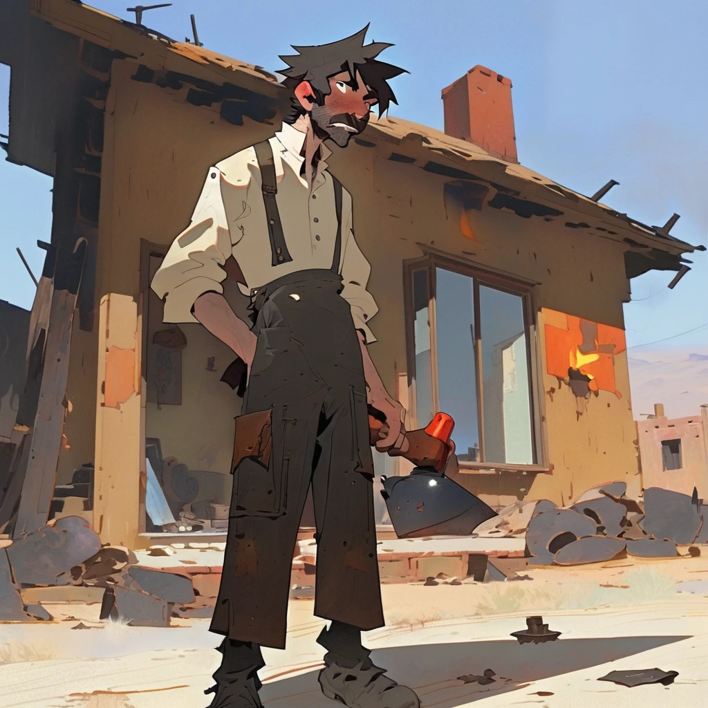 1man, Western, black Messy hair, burnt hair, Leather apron, White button-down shirt, black pants patched, Failed beard, young adult, Thin, full body, Holding a Dynamite, outside a house in the desert, Dirty with soot, crazy, Embers, fire, skin burns, ashes
