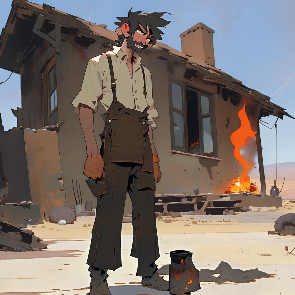 1man, Western, black Messy hair, burnt hair, Leather apron, White button-down shirt, black pants patched, Failed beard, young adult, Thin, full body, Holding a Dynamite, outside a house in the desert, Dirty with soot, crazy, Embers, fire, skin burns, ashes