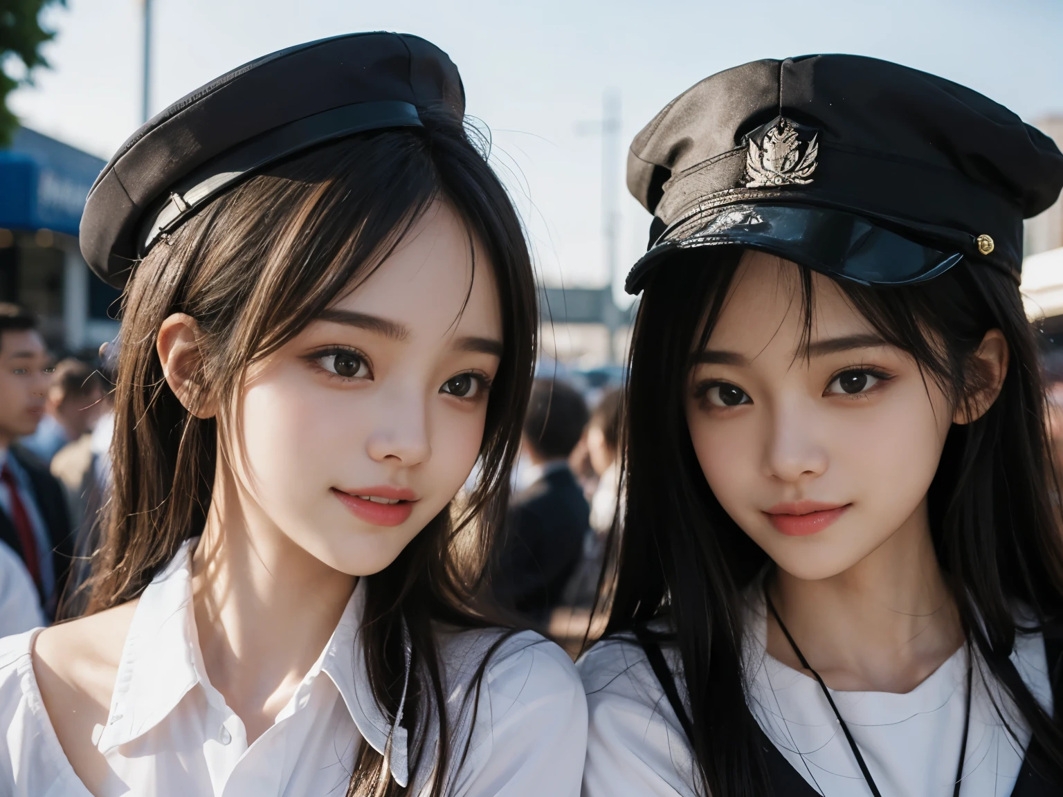 masterpiece, best quality, 2girls, kissing, smile, from side, outside, In front of a large crowd of men and women wearing  uniforms