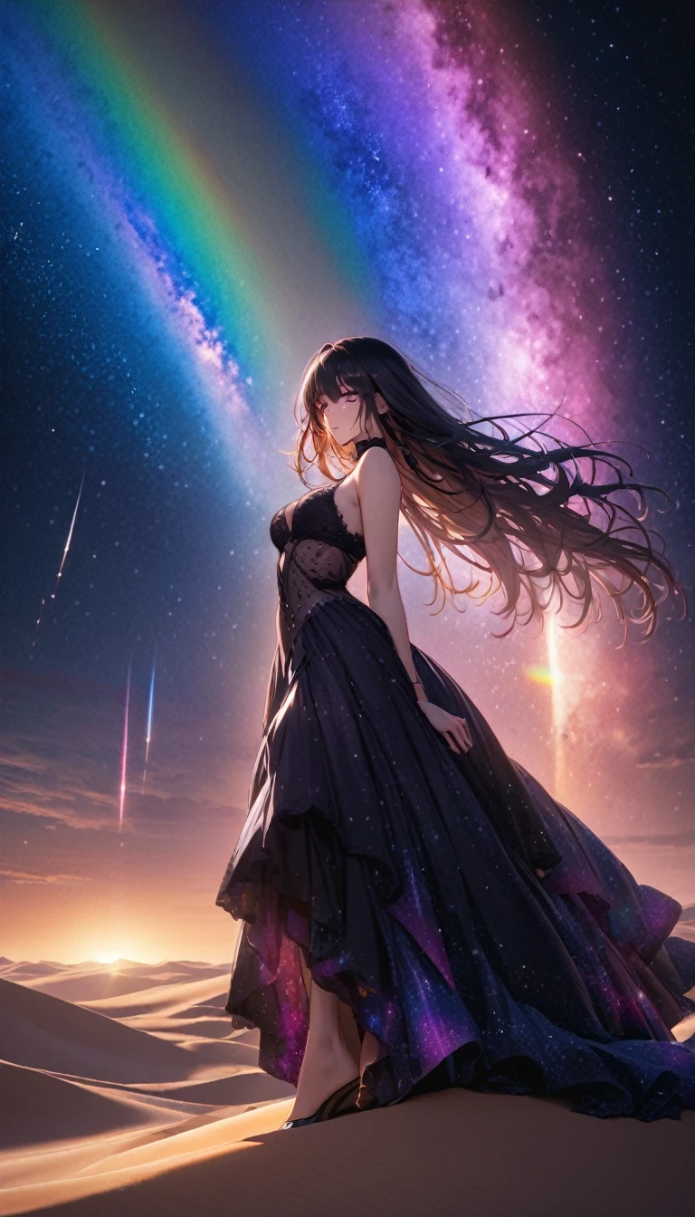 Highest quality, Highest quality, 16K, SFW, Unbelievably absurd, Very detailed, delicate and dynamic, Natural light, The particles reflect the colors of the rainbow, Diffuse reflection of light, Vortex of Light, There are many sandstorms, Beautiful desert, Colorful starry sky, Beautiful starry sky, milky way, shooting star, Moonlit Night, Sand Dunes, Create amazing image effects, body close-up, pyramid, (Cute sexy girl, firm chests, Sensual expression, Passionate, Hilarious, Vibrant, Arab royalty, Arabian Princess, Arabian Long Dress, Gorgeous Dress, Lavish décor, Dancing against the backdrop of a starry sky)