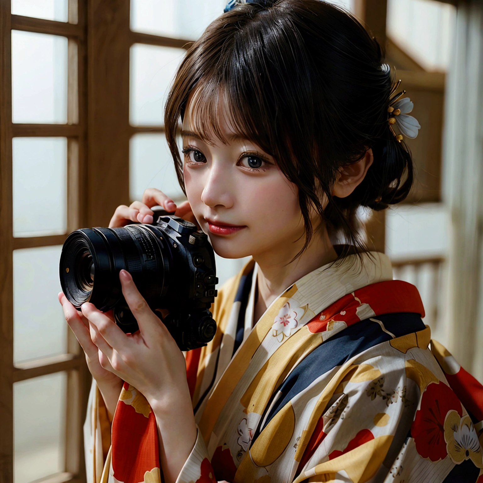 arafed woman In kimono holding a camera and taking a picture, A mix of anime style and Fujifilm, photograph portrait 4 k, photograph], traditional photograph, 8K 自撮りphotograph, カラーphotograph ポートレート 4k, In kimono, 38mm Photograppy, 高品質のデジタル一眼レフphotograph, best photograph of 2 0 2 1, In kimono