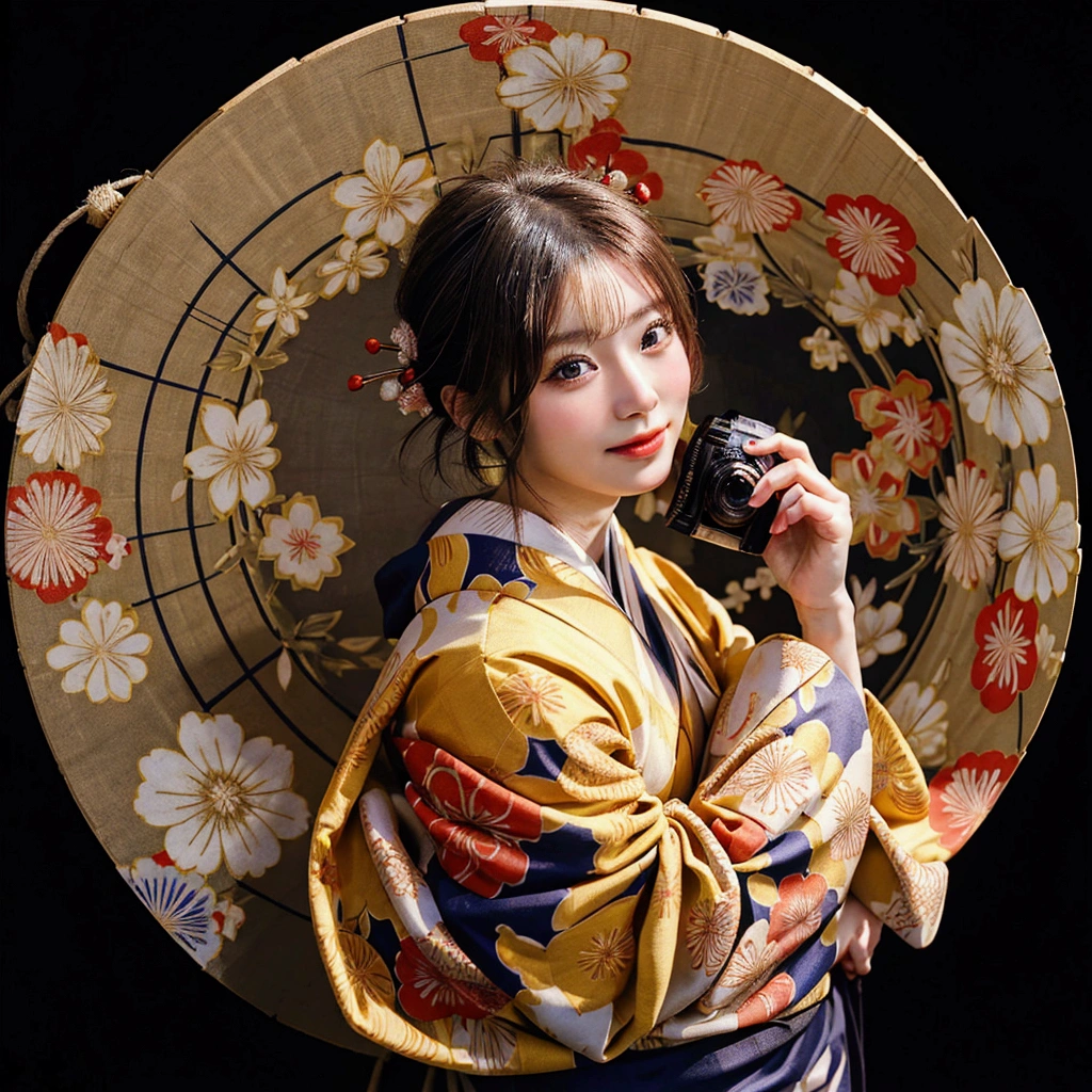 arafed woman In kimono holding a camera and taking a picture, A mix of anime style and Fujifilm, photograph portrait 4 k, photograph], traditional photograph, 8K 自撮りphotograph, カラーphotograph ポートレート 4k, In kimono, 38mm Photograppy, 高品質のデジタル一眼レフphotograph, best photograph of 2 0 2 1, In kimono