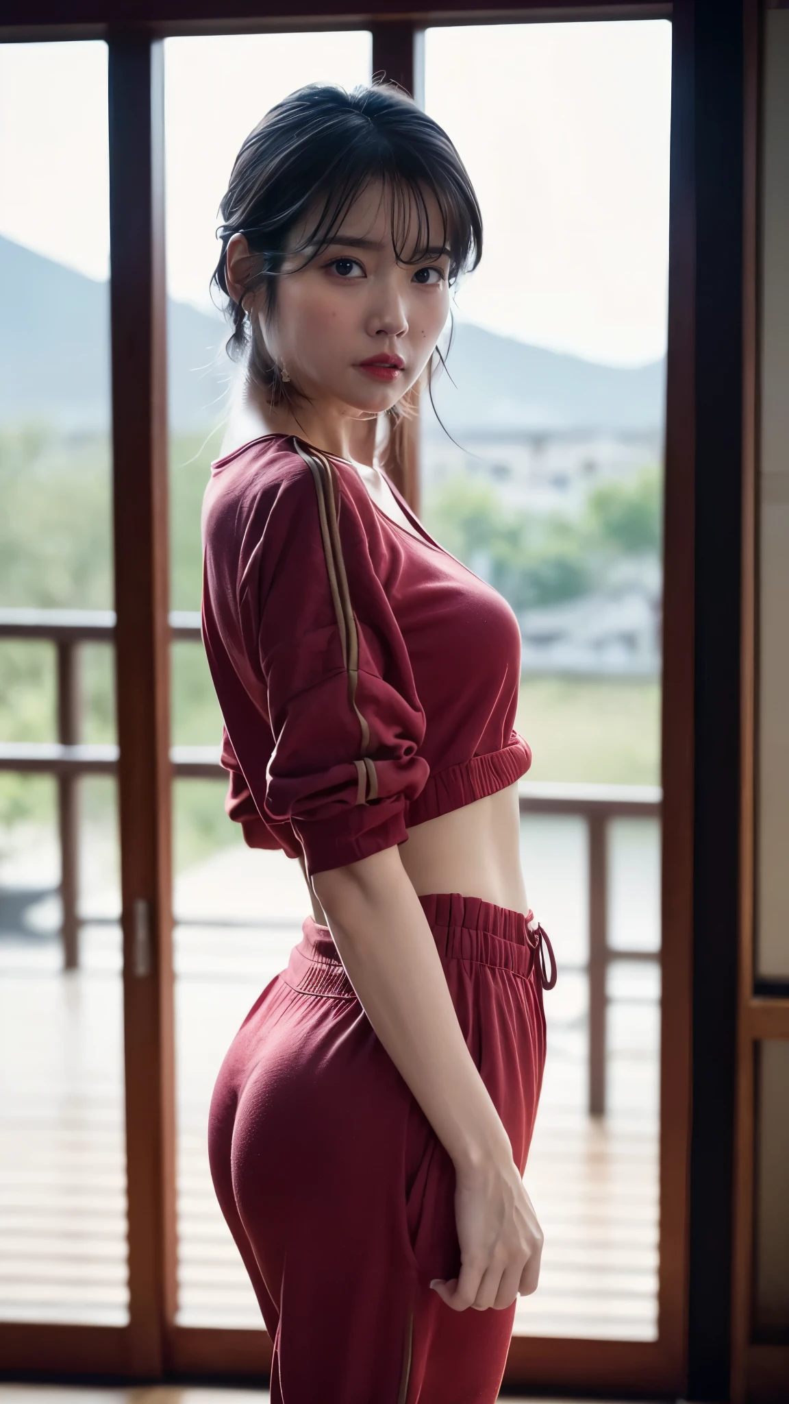 (Best quality, 8k, 32k, Masterpiece, UHD:1.2), ((Composition from head to thighs:1.5)), ((backwards:1.8, Point your small tiny butt at the camera:0.8, Japanese-style room at the ryokan:1.8)), ((Red tracksuit:1.8)), (smile:1.5), erect nipples, 1 girl, solo, 18-year-old, 7 head and body, Ideal flat ratio body proportions, black hair, With bangs, small breasts, slender, small butt, beautiful feet, skinny legs, Surrealism, cinematic lighting, Depth of bounds written, first person perspective, Breasts F/1.8, 135mm, ticker, muste piece, curate, ((anatomically correct:1.3)), textured skin, super detail, high details, high quality, Awards, best quality, High resolution, 8K