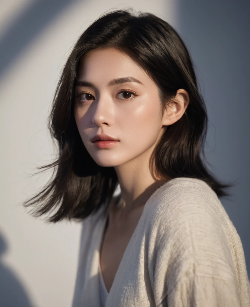 (Canon RF85mm f/1.2,best quality,Reality:1.4,light),Best quality,masterpiece,Ultra-high resolution,(Realism:1.5),original photo,1 Girl,Lower shoulder,in the darkness,Deep Shadows,Low profile,Cold Light,Attractive appearance,short hair,Half-length photo,