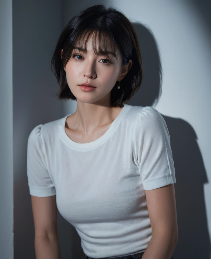 (Canon RF85mm f/1.2,best quality,Reality:1.4,light),Best quality，masterpiece，Ultra-high resolution，(Realism:1.5)，original photo，1 Girl，Lower shoulder，in the darkness，Deep Shadows，Low profile，Cold Light，Attractive appearance，short hair，Half-length photo，