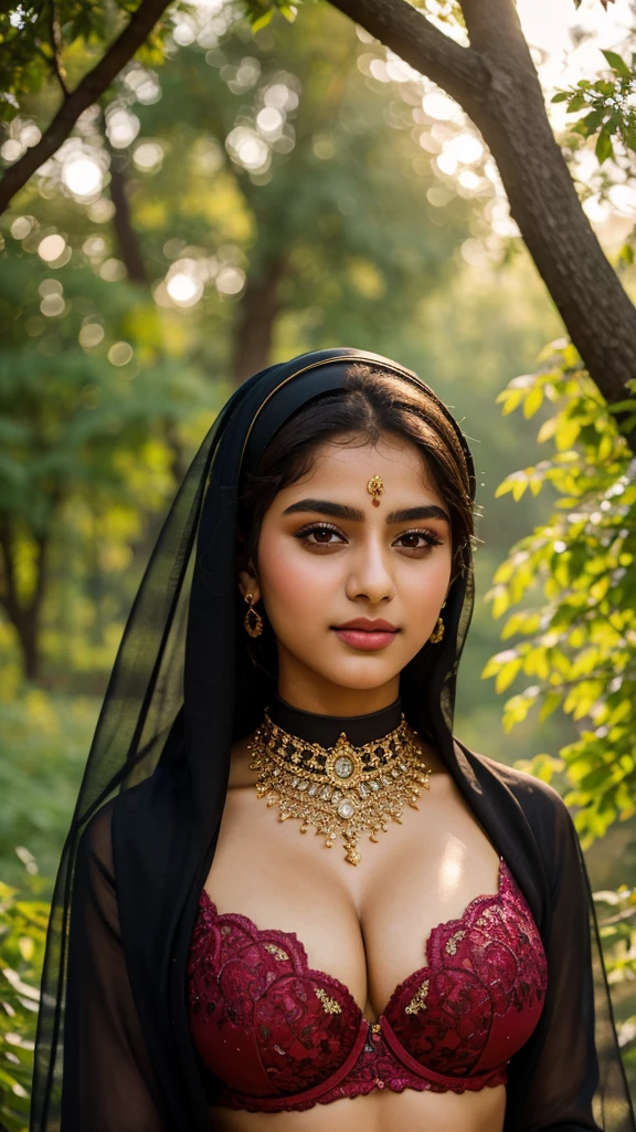 underboob,RAW, Best quality, high resolution, masterpiece: 1.3), beautiful 15 year old Pakistani teen in hijab, Masterpiece, perfect slim fit body, big Huge breast, big gorgeous eyes, Soft smile,a close up of a woman, wearing beautiful bra, beautiful design, hijab, rustic, very beautiful elegan style, beautiful masterpiece, fine details, wearing gorgeous clothing, choker , necklace, hairband, forest, lighting, Bright colors, Clean lines