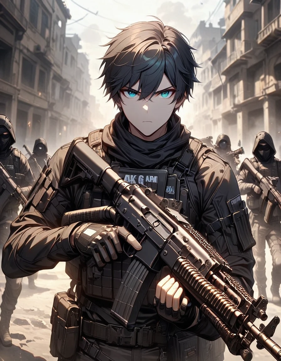 Masterpiece, best quality, 1 person, 30 year old man, Focus Man, alone, alone focus, black hair, Turquoise eyes, black bulletproof vest, Mercenaries, (holding an assault rifle((AK46 gun)), Standing position, Standing shooting position, ฉากหลังพื้นShooting practice, Shooting practice, serious,Aim the gun., solemn face, dangerous atmosphere,AK46 gun,black gun,AK 46 black.