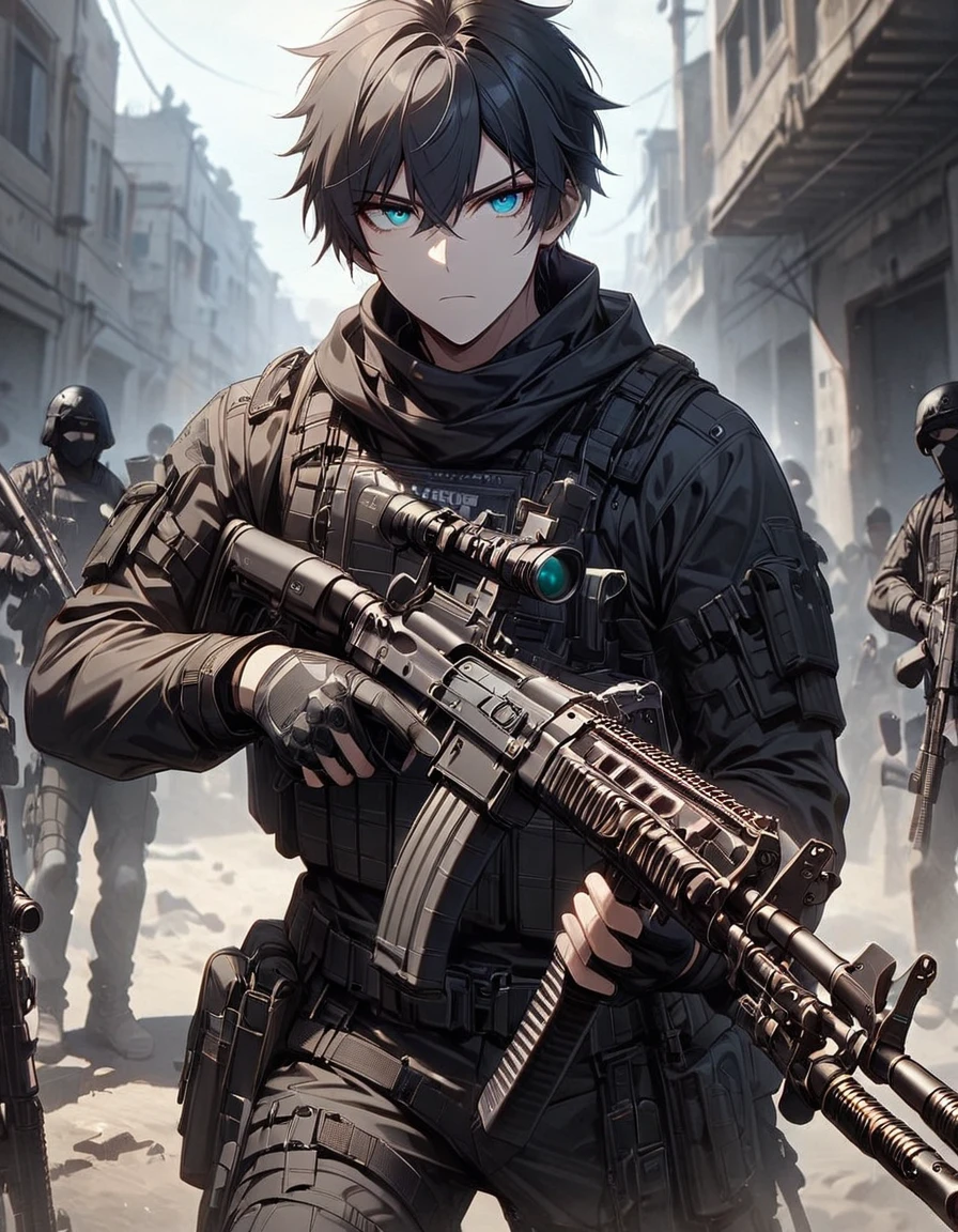 Masterpiece, best quality, 1 person, 30 year old man, Focus Man, alone, alone focus, black hair, Turquoise eyes, black bulletproof vest, Mercenaries, (holding an assault rifle((AK46 gun)), Standing position, Standing shooting position, ฉากหลังพื้นShooting practice, Shooting practice, serious,Aim the gun., solemn face, dangerous atmosphere,AK46 gun,black gun,AK 46 black.