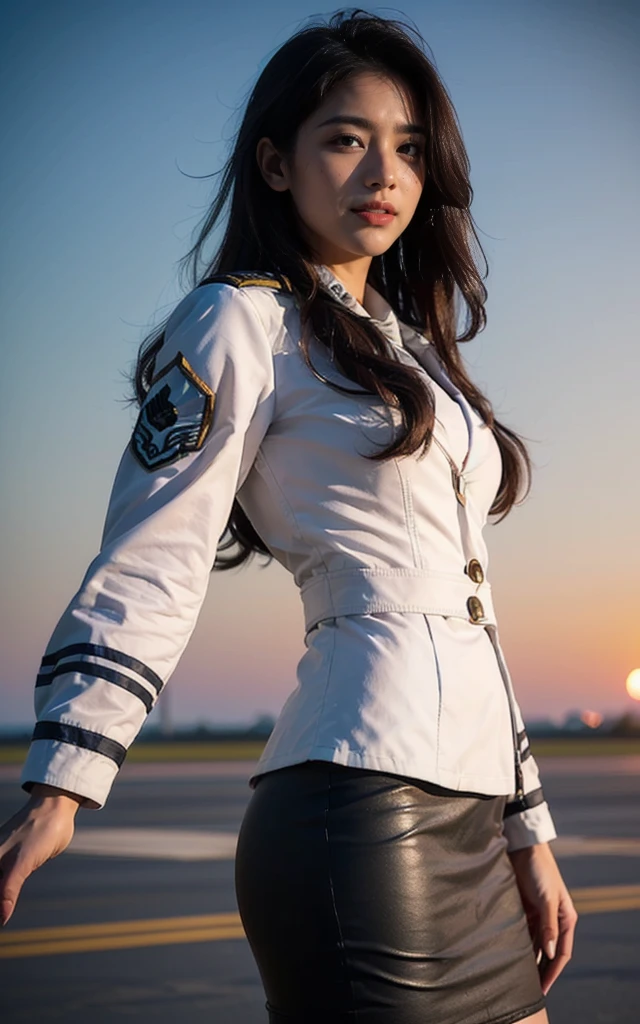 (best quality, 8K, 32k, masterpiece, Ultra HD:1.2), (Practical:1.5), (masterpiece, Highly detailed CG Unity 8K wallpaper, best quality, high resolution:1.2), (Very detailed, Ultra HD:1.2), Photo of extremely cute and beautiful Japanese Miss, (Maroon with long wavy hair:1.2), aldult,（full-body shot） (Detail of beautiful girl:1.4), best quality, Miss, aldult, (U.S. Air Force pilot details:1.5), (White pilot captain jacket:1.3), (White high waist pencil skirt:1.3), (Beautiful sunset US air force base runway landscape background:1.2), Laugh shyly:1, Looking at the audience, For the audience, ((Perfect Miss&#39;body of)), (Tight waist:1.2), (Image of the entire body from the knees up:1.3), Thin, Abdominal muscles, (Beautiful breasts:1.25), Assembling the head, wind, Dynamic poses, light, Backlight, Beautifully dressed, Perfect anatomical structure, Perfect proportion, Detailed human body, Fashion model posing,Soft expression、Smile