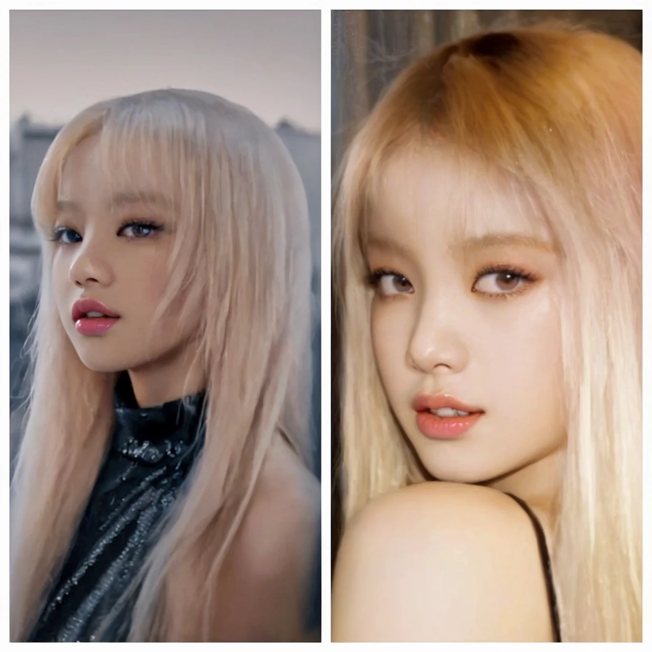 Close-up of a woman with long blonde hair, Lisa de blackpink, Retrato de Lisa de blackpink, Jennie the Blackpink, wongyoung de ive, Nariz de Lisa de blackpink, ive wonyoung lips, South Korean popular makeup, wongyoung de ive, Retrato Lisa de blackpink, pastel pink skin tone, Lisa de blackpink, blackpink jennie popular korean makeup.