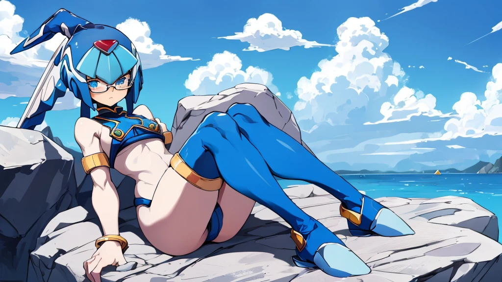 Leviathan_Megamanz, 1 Girl ,Looking at the viewer , blue hair, Blue eyes,Clouds background , Blushed, Wedding ring, Glasses, Sitting on top of a rock , Blue Micro bikini 