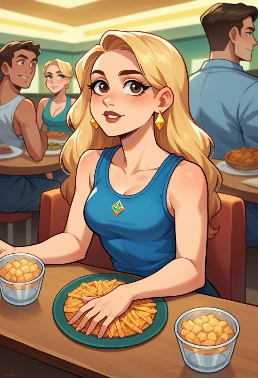 a woman, Veronica Lodge from Riverdale, textured skin with glossy finish, natural brown eyes, rosy cheeks, super long super straight blonde hair, navy blue sleeveless linen cropped top, golden diamond earrings, sitting at a table in a modern restaurant in Manhattan, sunny day, pleasant atmosphere, people in the background, dynamic pose, natural bright lighting