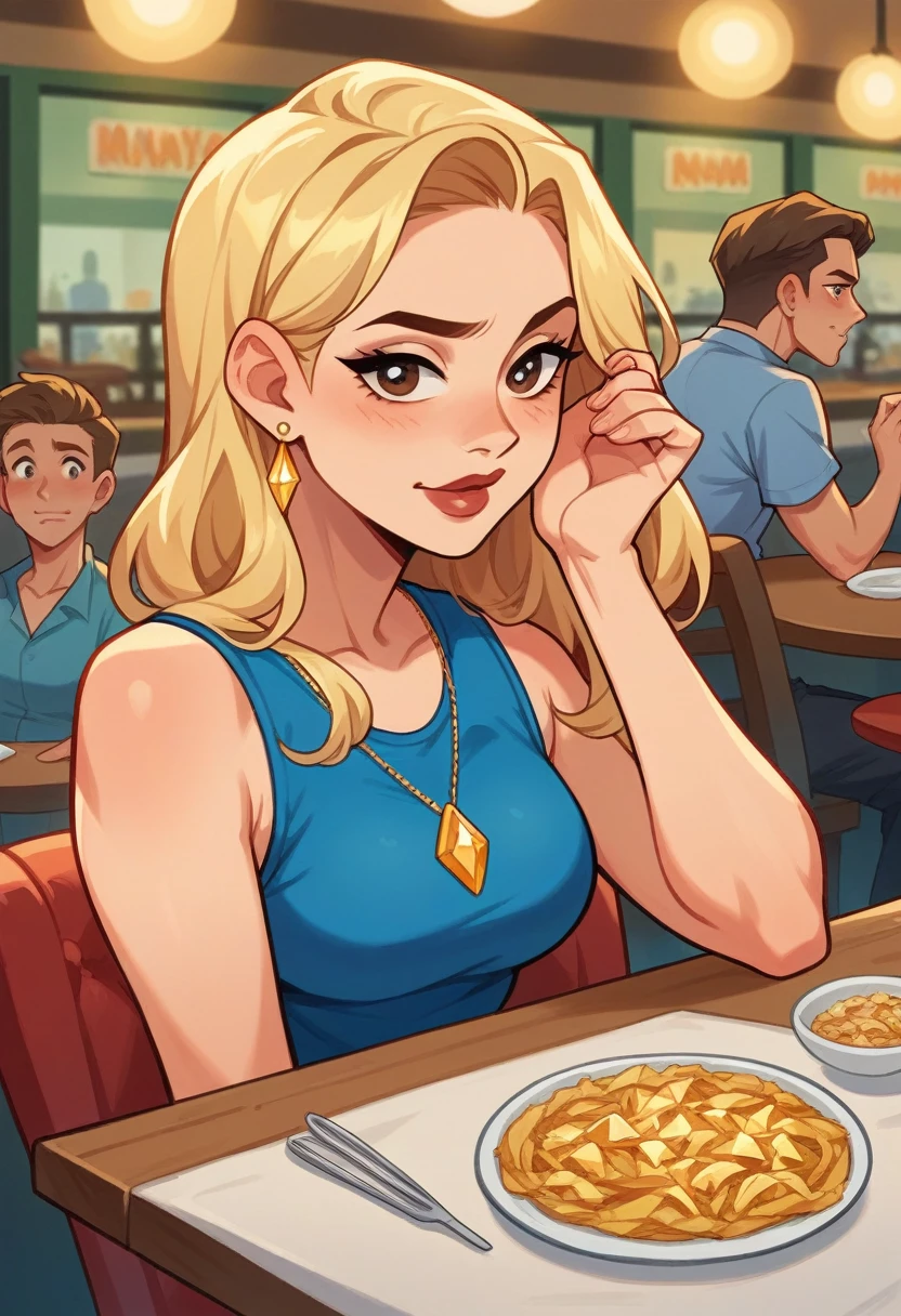 a woman, Veronica Lodge from Riverdale, textured skin with glossy finish, natural brown eyes, rosy cheeks, super long super straight blonde hair, navy blue sleeveless linen cropped top, golden diamond earrings, sitting at a table in a modern restaurant in Manhattan, sunny day, pleasant atmosphere, people in the background, dynamic pose, natural bright lighting