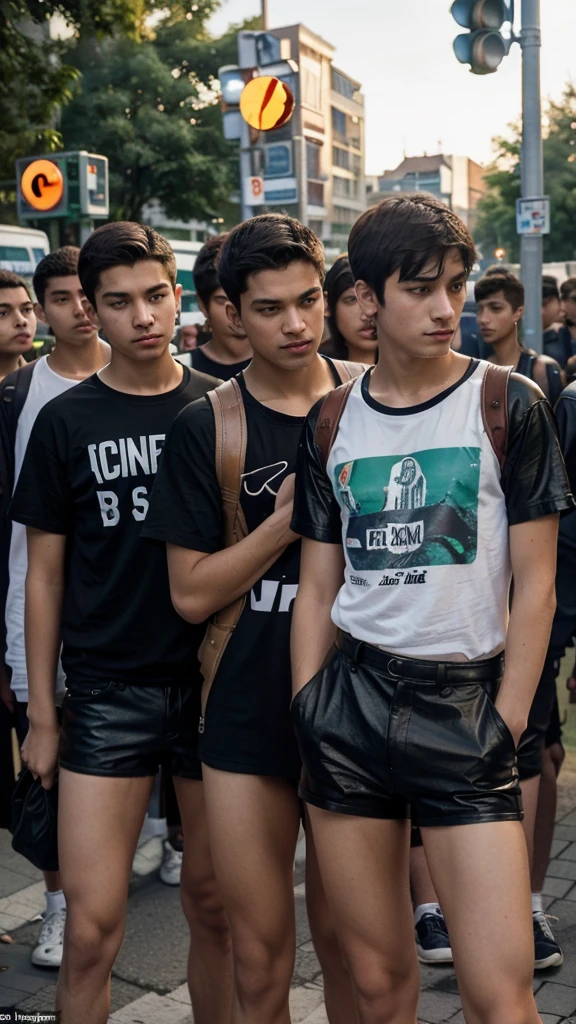 masterpiece. close-up: a group of 16-year-old student boys dressed in t-shirts and leather , with shaved legs, are queuing to board a bus at an urban stop. background a street of a city, with its traffic, its signs, traffic lights,... Maximum details. evening light photographic quality
