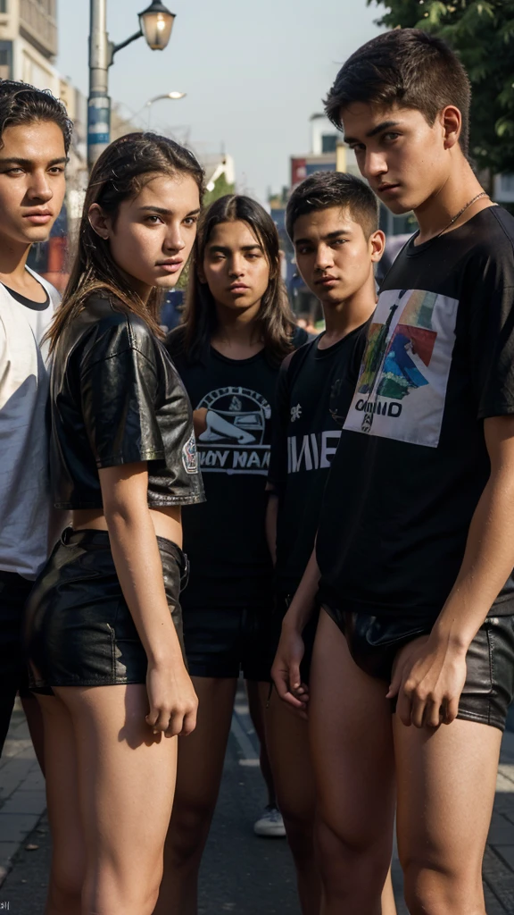 masterpiece.  close-up: a group of -yeld stdressed in t-shirts and leather , with shaved legs, are queuing to board a bus at an urban stop.  background a street of a city, with its traffic, its signs, traffic lights,... Maximum details.  evening light  photographic quality