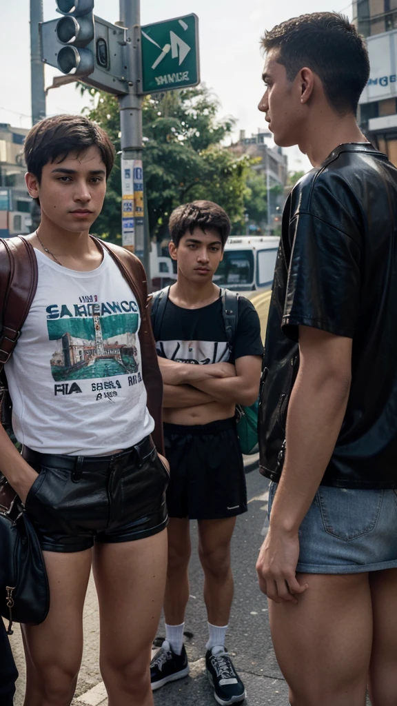 masterpiece. close-up: a group of -yeld stdressed in t-shirts and leather , with shaved legs, are queuing to board a bus at an urban stop. background a street of a city, with its traffic, its signs, traffic lights,... Maximum details. evening light photographic quality