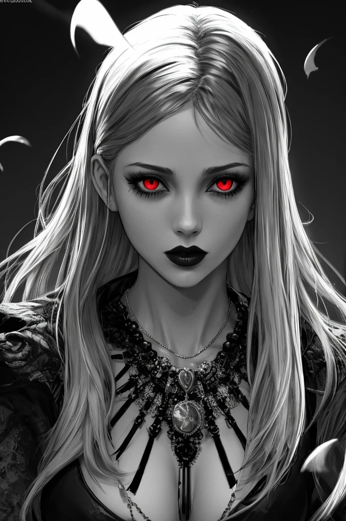 Goth girl 1girl, solo, long hair, looking at viewer, red eyes, jewelry, necklace, makeup, lipstick, black background, portrait, glowing eyes, by vergvoktre, dramatic, gritty, intense, distorted face, nightmare, intricate details, hyperdetailed, cinematic, dark shot, film grainy, soothing tones, muted colors, technicolor
BREAK
outdoors, twilight, raytracing BREAK
d4rk4rt artstyle, monochrome, greyscale