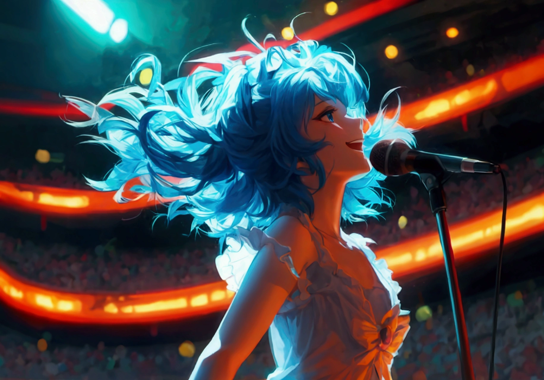 Animated woman with blue-green hair, arena, live music venue, singing, microphone, jumping,
break
Animation style, anime style, young anime woman, smiling, semi short hair, digital anime illustration, bangs, crystal hair, shiny hair
break
white dress, snowflake earrings, serious, shining, reflected light, ((flat chest)), ((flat chest))
break
Guitar, long straight pink hair, droopy eyes, blue eyes, pink kimono with white frills, cherry blossom pattern, female
break
Gray hair, ponytail, 20s female, drums, playing
