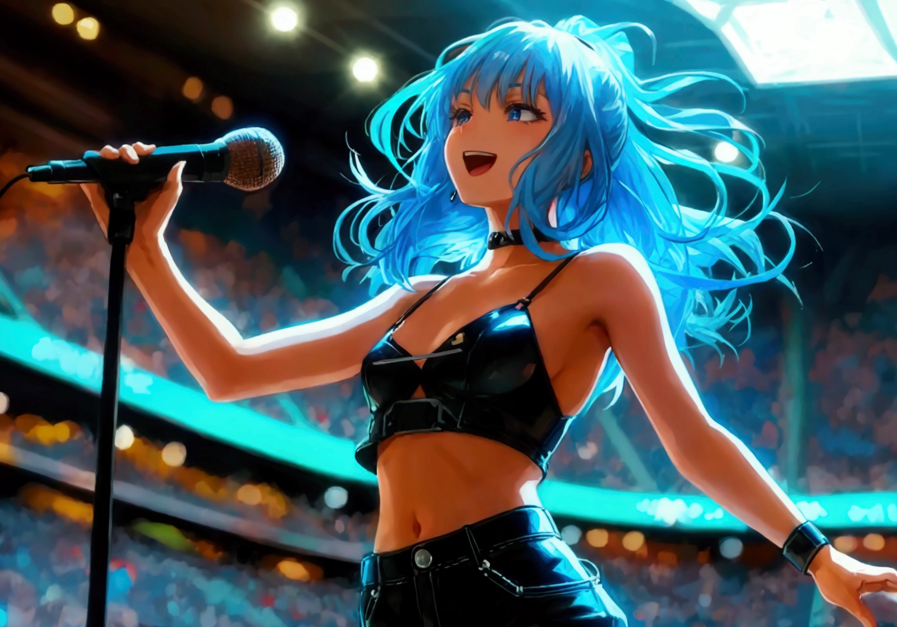 Animated woman with blue-green hair, arena, live music venue, singing, microphone, jumping,
break
Animation style, anime style, young anime woman, smiling, semi short hair, digital anime illustration, bangs, crystal hair, shiny hair 
break
white dress, snowflake earrings, serious, shining, reflected light, ((flat chest)), ((flat chest)) 
break
Guitar, long straight pink hair, droopy eyes, blue eyes, pink kimono with white frills, cherry blossom pattern, female
break
Gray hair, ponytail, 20s female, drums, playing
