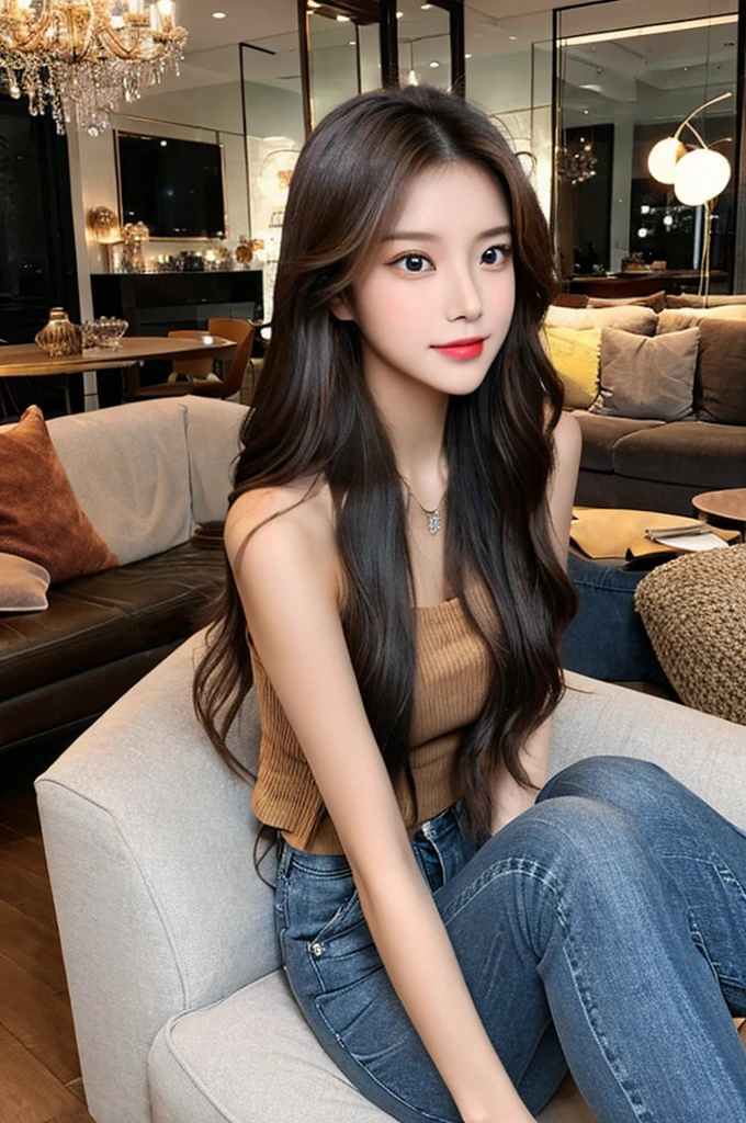 Generate an image of a stunning 20-year-old Asian woman with beauty akin to a goddess of the fire element. She has big brown eyes, dark brown hair, glowing skin, and an attractive appearance. She is wearing a beautiful top paired with blue skinny jeans. The woman is sitting sweetly on a living room sofa, her posture relaxed and inviting, surrounded by cozy and elegant decor.