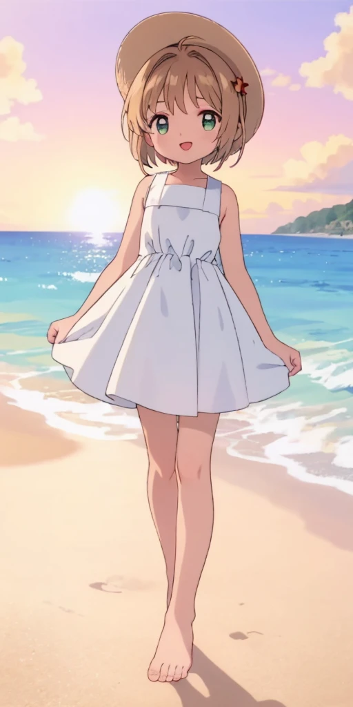 High-definition background,Beautiful background,anime, cute,Sunset on the beach,,White Summer Dress,Chestnut Hair,Short Bob Hair,barefoot,smile,White straw hat,Lens flare