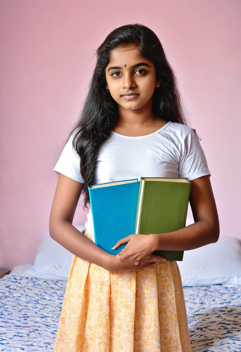 a young Mallu girl holding some books while standing in her bedroom, teenage female , student, portrait of high school girl, holding books, portrait of teenage girl, portrait of normal teenage girl, teenager girl, , girl standing, portrait of a young teenage girl, posing nude, super model body