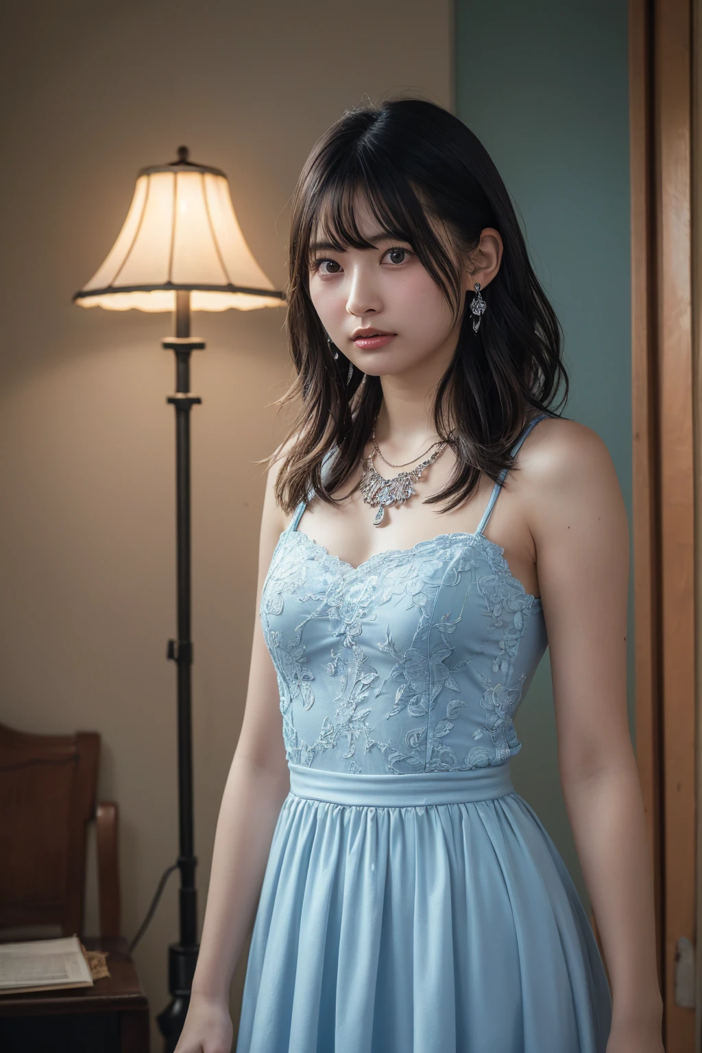 (Highest quality:1.4),(masterpiece:1.4),(Realistic:1.4),(Realistic:1.2),(超High resolution, RAW Photos:1.4),(High resolution, Super detailed:1.2),(8K:1.2),View your audience,Cinematography,One Girl,skeletally correct,Black-haired woman,(Small earrings,necklace,lace party dresses,Light blue long dress,Beautiful body lines,View from the front),(Inside the Western-style building,Dimly lit room,The lamplight shines on my cheeks)