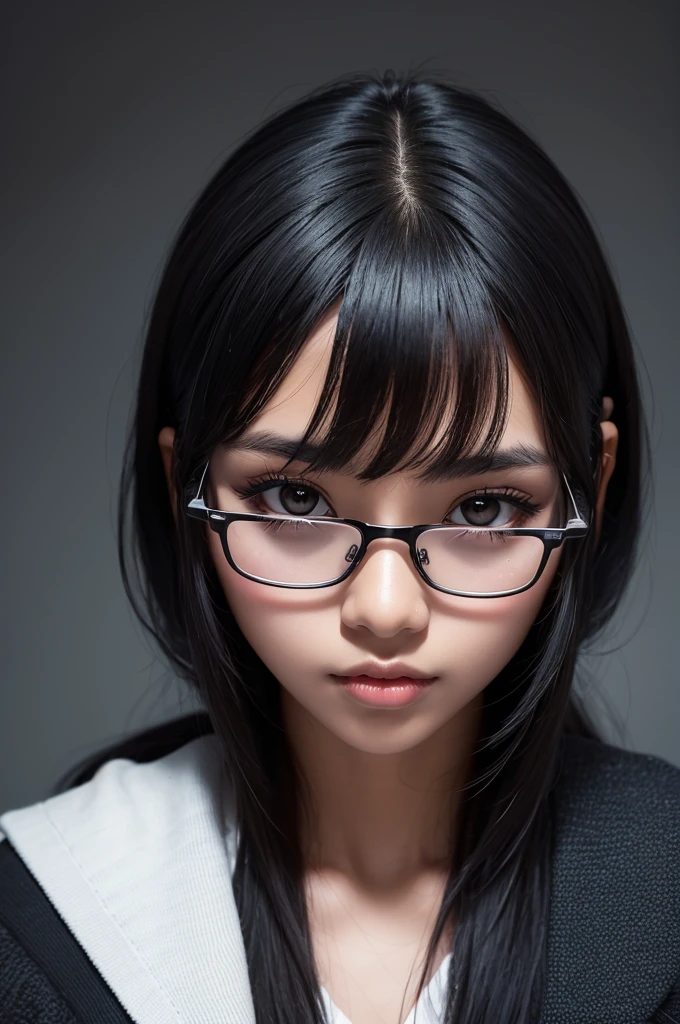 A girl with dark skin, with long black hair and bangs falling to her eyes, black eyes with black square glasses.
