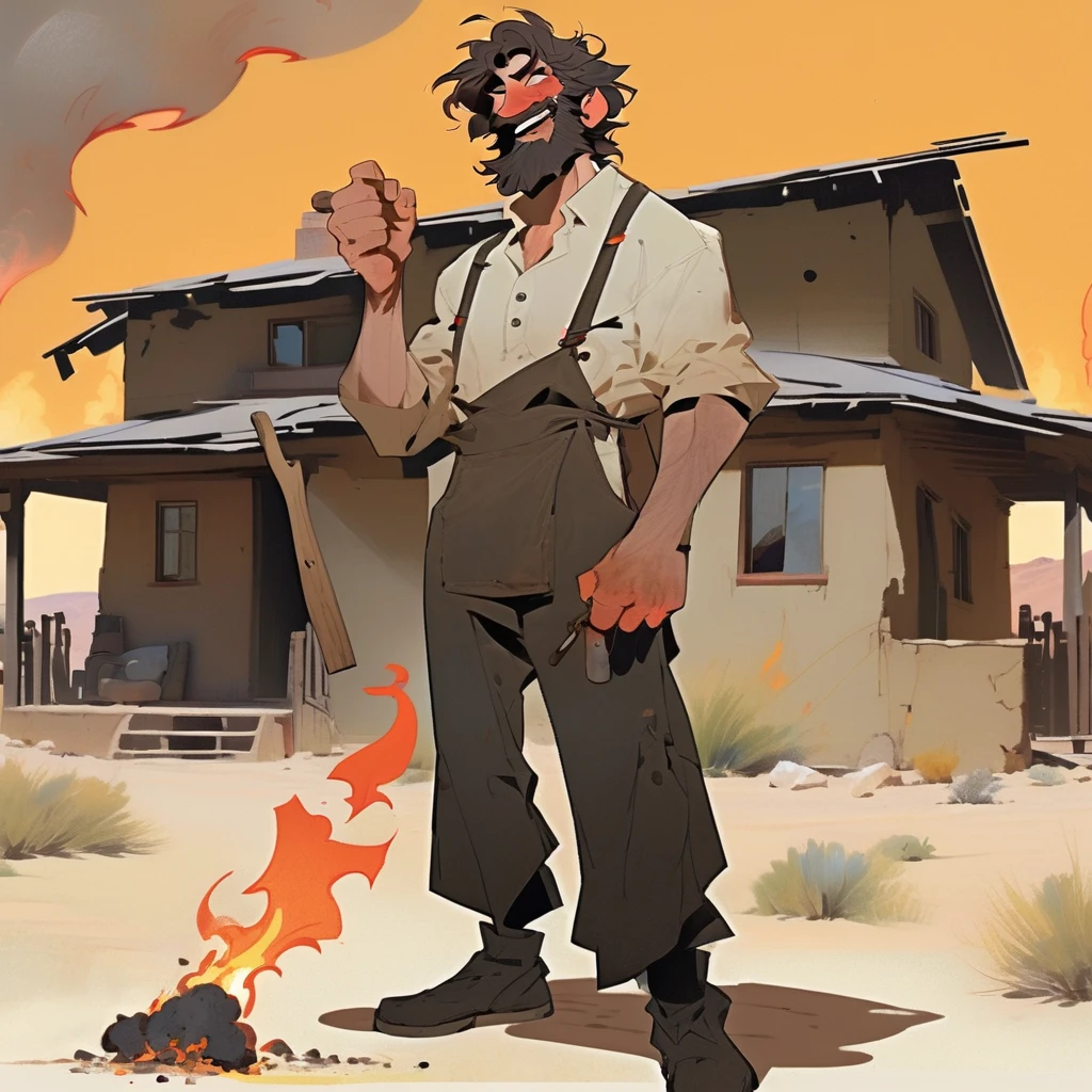 score_9, score_8_up, score_7_up, score_6_up, score_5_up, score_4_up, 1man, Western, black wavy Messy hair, burnt hair, Leather apron, White button-down shirt, black pants patched, Failed beard, young adult, Thin, full body, Holding a Dynamite bomb, outside a house in the desert, Dirty with soot, Laughing, explosives, dynamite, Hunchback, Poorly groomed beard, failed beard, Fire, Embers, ashes,