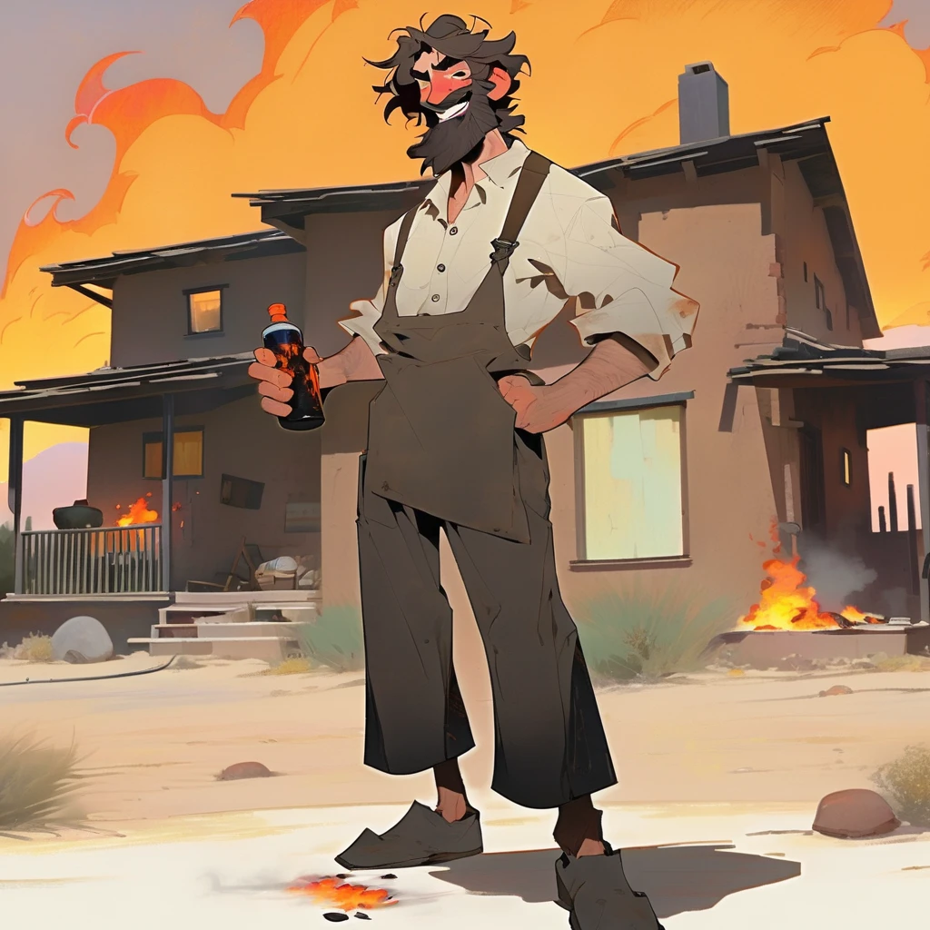 score_9, score_8_up, score_7_up, score_6_up, score_5_up, score_4_up, 1man, Western, black wavy Messy hair, burnt hair, Leather apron, White button-down shirt, black pants patched, Failed beard, young adult, Thin, full body, Holding a Dynamite bomb, outside a house in the desert, Dirty with soot, Laughing, explosives, dynamite, Hunchback, Poorly groomed beard, failed beard, Fire, Embers, ashes,
