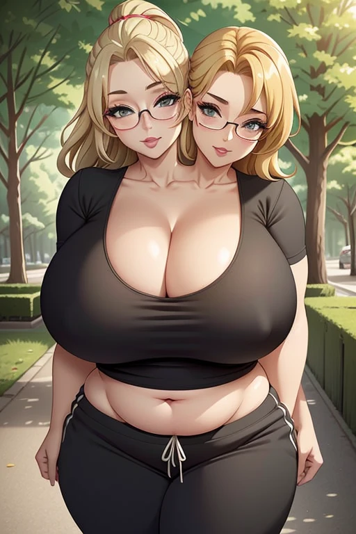 2heads, an overweight woman with 2 heads. She is in a park with trees on a sunny day. She is wearing a tiny bikini top, wearing sweatpants. She has blonde hair in a ponytail. She is wearing glasses. Deep cleavage. She looks mature. She is blushing. She looks seductive and lustful. She has big fat perky lips. She is wearing lipstick. She is extremely fat. She has gigantic breasts. Her lips are big and seductive. She is winking. She is tall. She is a milf. Hard nipples.