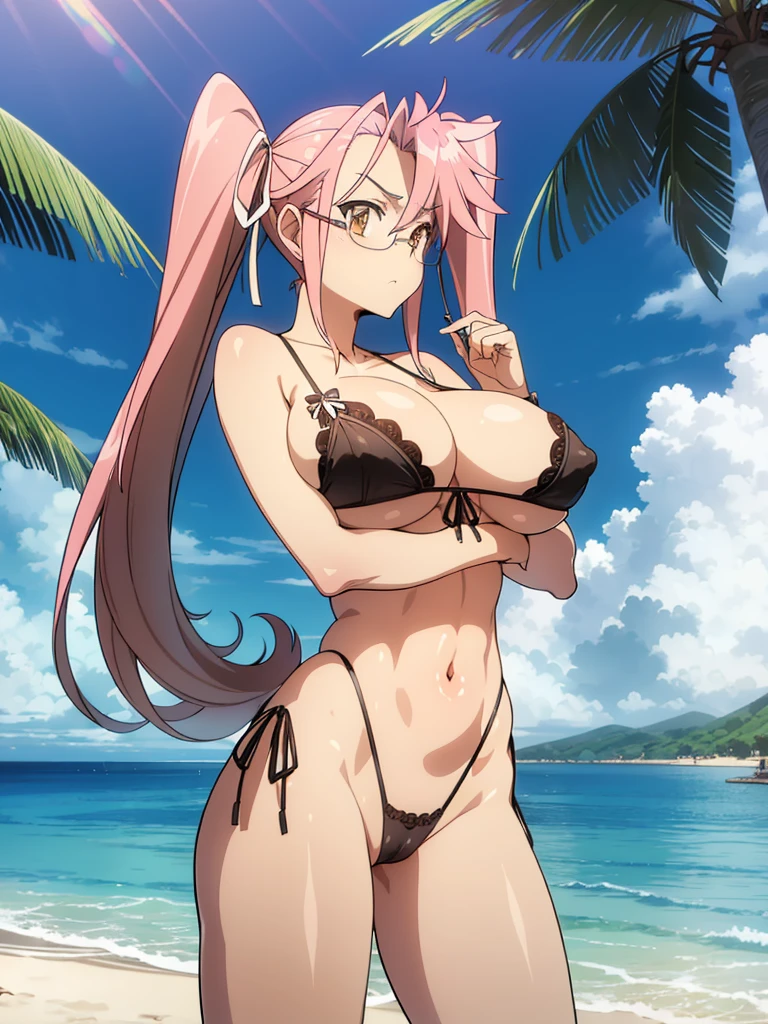 (Nsfw),Hayatakagi, Hajime Takagi, Long hair, bow ribbon, (Twin-tailed:1.3), (Brown eyes:1.5), Hair Ribbon, Pink hair, (eye glasses:1.3),,(looking at the viewers:1.3),BREAK (masutepiece:1.2), Best Quality, High resolution, Unity 8k Wallpaper, (Illustration:0.8), (Beautiful detailed eyes:1.6), extra detailed face, Perfect Lighting, extremely details CG, (Perfect hands, Perfect Anatomy),(the beach:1.3),Naughty big、thighs thighs thighs thighs、solo, very big breast, detailed nipples, deep cameltoe, barely spread legs, caderas anchas, ultra small high leg string thong, translucent stockings, perfect round detailed and realistic nipples, detailed vagina, daylight illuminated, black transparent super ultra small lace lingerie, with an realistic detailed 9mm pistol in one hand in erotic pose, showing her beautiful nipples 