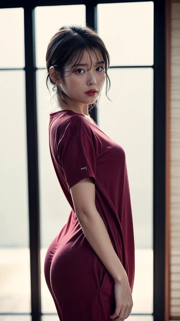 (Best quality, 8k, 32k, Masterpiece, UHD:1.2), ((Composition from head to thighs:1.5)), ((backwards:1.8, Point your small tiny butt at the camera:0.8, Japanese-style room at the ryokan:1.8)), ((Red tracksuit:1.8)), (smile:1.5), erect nipples, 1 girl, solo, 18-year-old, 7 head and body, Ideal flat ratio body proportions, black hair, With bangs, small breasts, slender, small butt, beautiful feet, skinny legs, Surrealism, cinematic lighting, Depth of bounds written, first person perspective, Breasts F/1.8, 135mm, ticker, muste piece, curate, ((anatomically correct:1.3)), textured skin, super detail, high details, high quality, Awards, best quality, High resolution, 8K