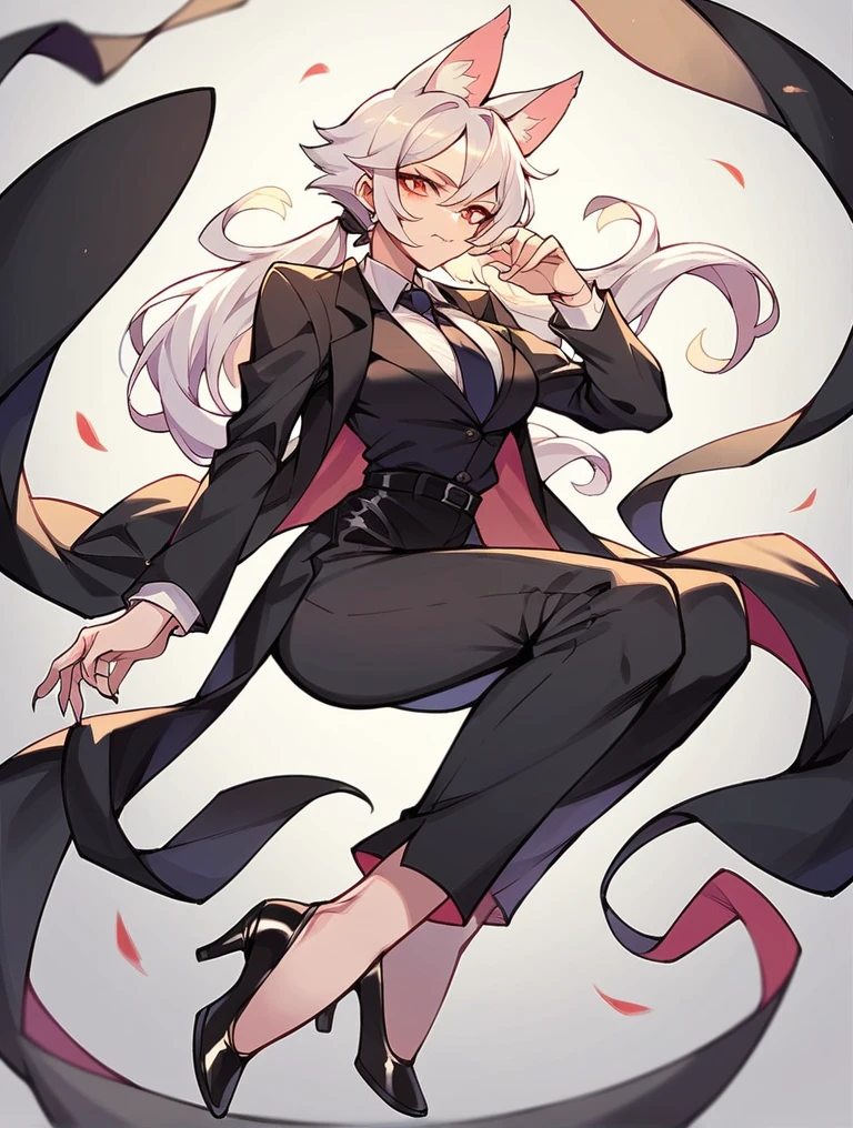 A white female cat wearing a black suit, tie and black heels 