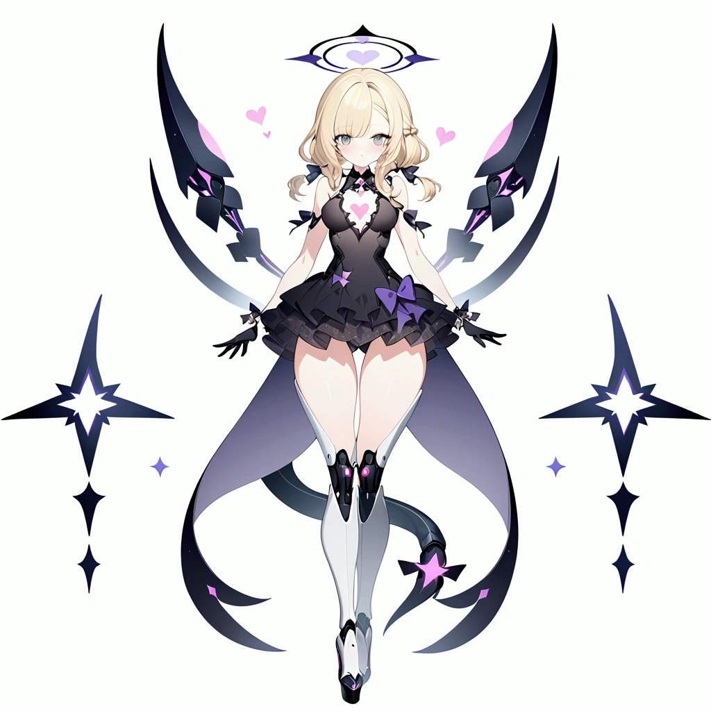 Woman 170cm tall, medium chest, wide hip, slim build. (((character design sheet: Full body front view))). (blonde hair, (hip-length wavy hair with asymmetrical bangs), She has a short braid tied with an elegant purple bow on the left side of her hair above her chest. She has a short braid tied with an elegant purple bow on the right side of her hair above her chest. She has small ribbons in the back of her hair.). Gray eyes with a purple 4-pointed star in the pupil. Two black and purple serval ears located on the top of the head. Luminous black halo with purple star patterns above his head. black necklace with a heart emblem on the neck. (Elegant one-piece long dress with lace and ruffle skirt, ribbon decorations and star patterns on the dress). black gloves, beautiful black platform heels. gray belt at the waist with a large ribbon with a luminous pink heart in the middle. (It has a complex succubus tail with a small purple star at the tip). ((It has complex mechanical legs that reach up to the thighs and are black with small purple details.)). beautiful detailed hair, beautiful detailed dress. extremely detailed arms. extremely detailed face, small face, Beautiful detailed eyes, beautiful detailed lips. adorable. extremely detailed legs. (Best Quality, 4k, high resolution), ultra detailed, Exquisite and epic character art, ((White background)).