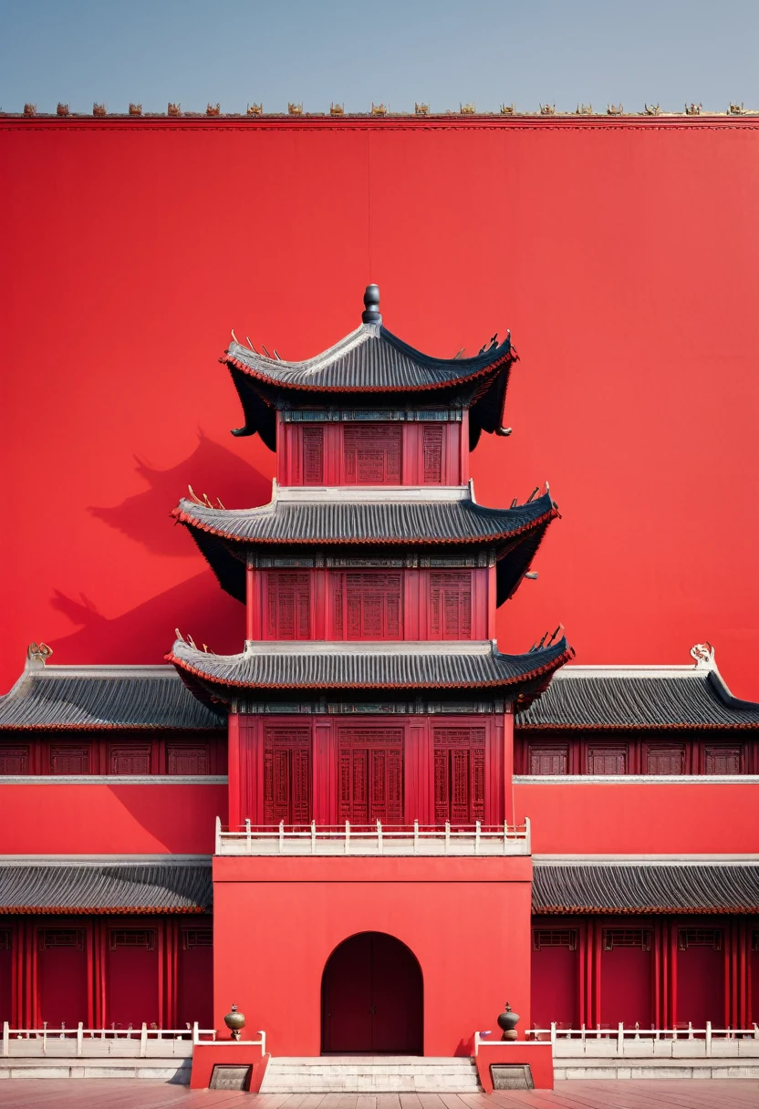 Chinese buildings in the distance,palace, symmetry,Red Wall,Red background,Minimalist style,Top 50%blank