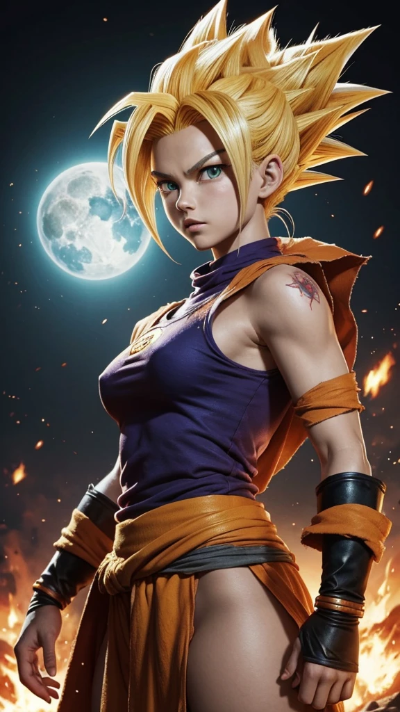 Dragonball Z, super Sayan warrior, 15 years old girl. Clothing tattered from battle. NSFW