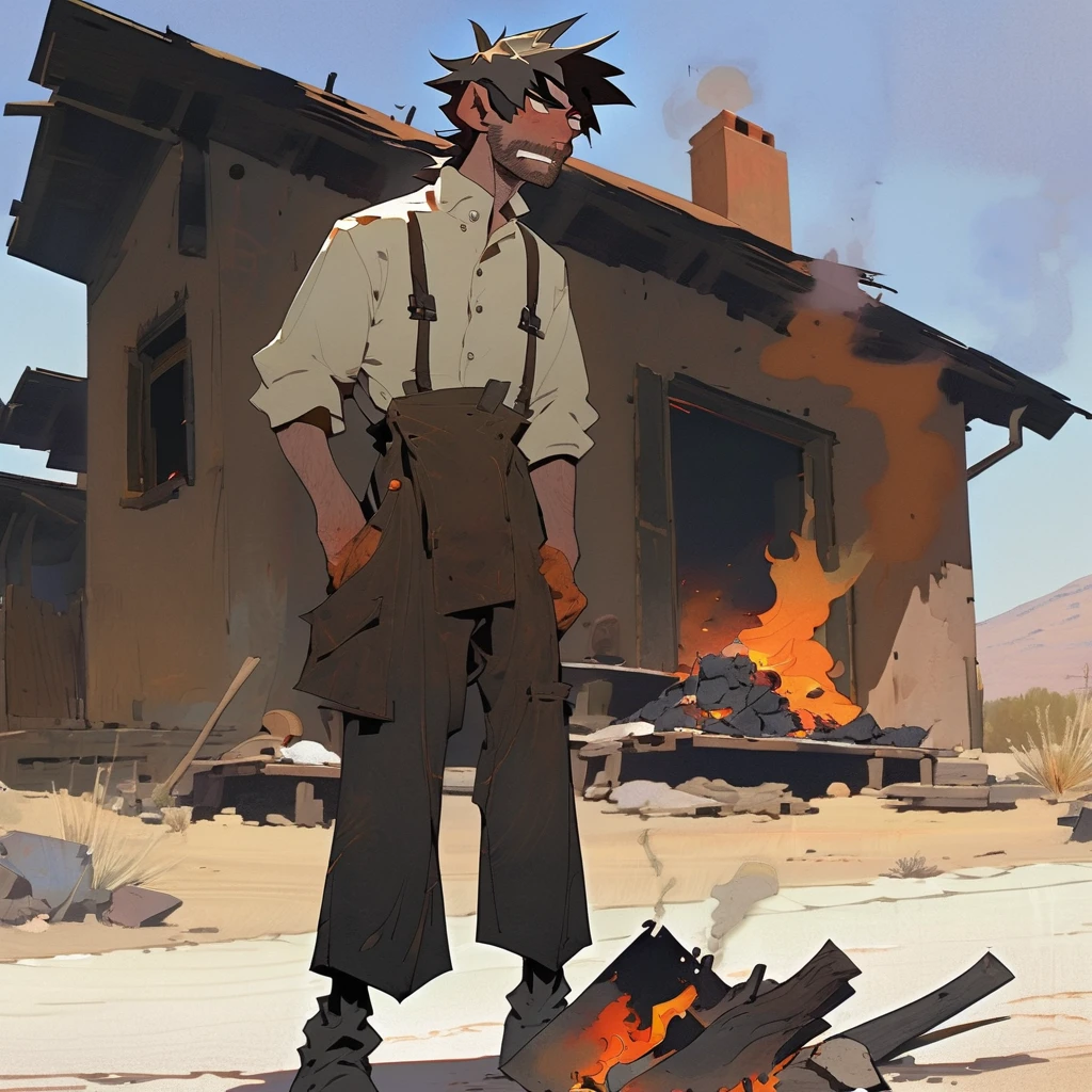 1man, Western, black Messy hair, burnt hair, Leather apron, White button-down shirt, black pants patched, Failed beard, young adult, Thin, full body, Holding a Dynamite, outside a house in the desert, Dirty with soot, crazy, Embers, fire, skin burns, ashes