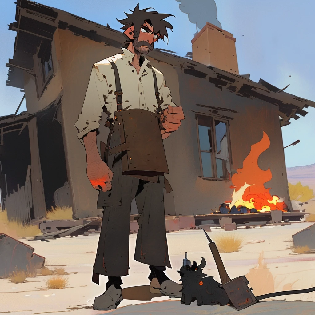 1man, Western, black Messy hair, burnt hair, Leather apron, White button-down shirt, black pants patched, Failed beard, young adult, Thin, full body, Holding a Dynamite, outside a house in the desert, Dirty with soot, crazy, Embers, fire, skin burns, ashes