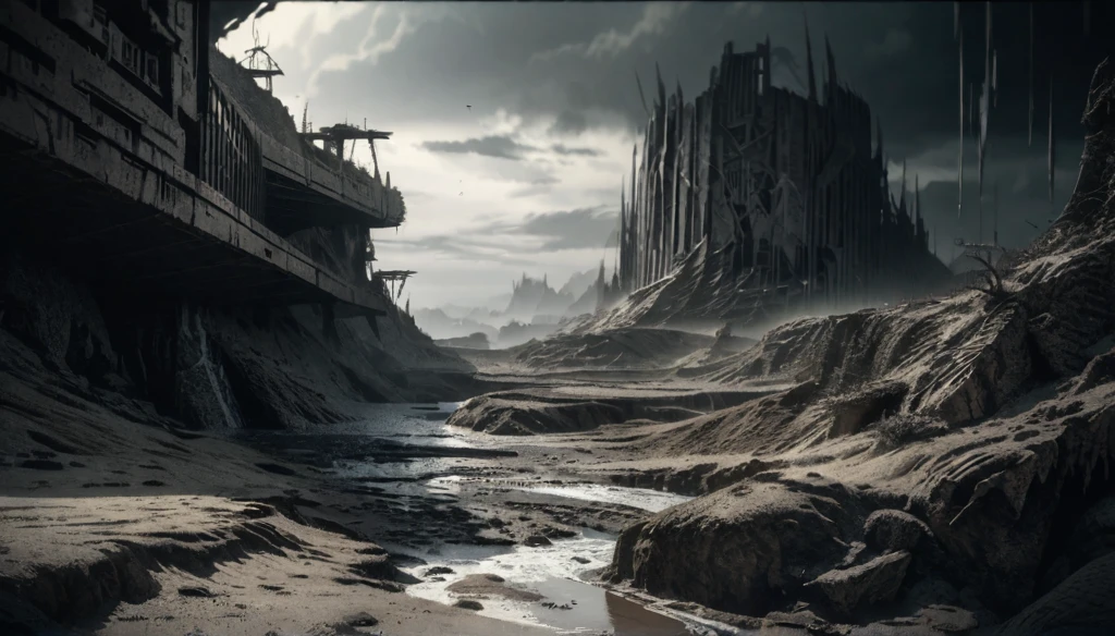 a detailed fantasy landscape, a ruined and devastated world, dark and apocalyptic, millions of deep cuts and slashes across the terrain, shattered ground, scorched earth, dark skies, ominous clouds, surreal and unsettling atmosphere, highly detailed, 8K, photorealistic, cinematic lighting, dramatic shadows, muted color palette, desaturated tones, dystopian, sci-fi, digital art